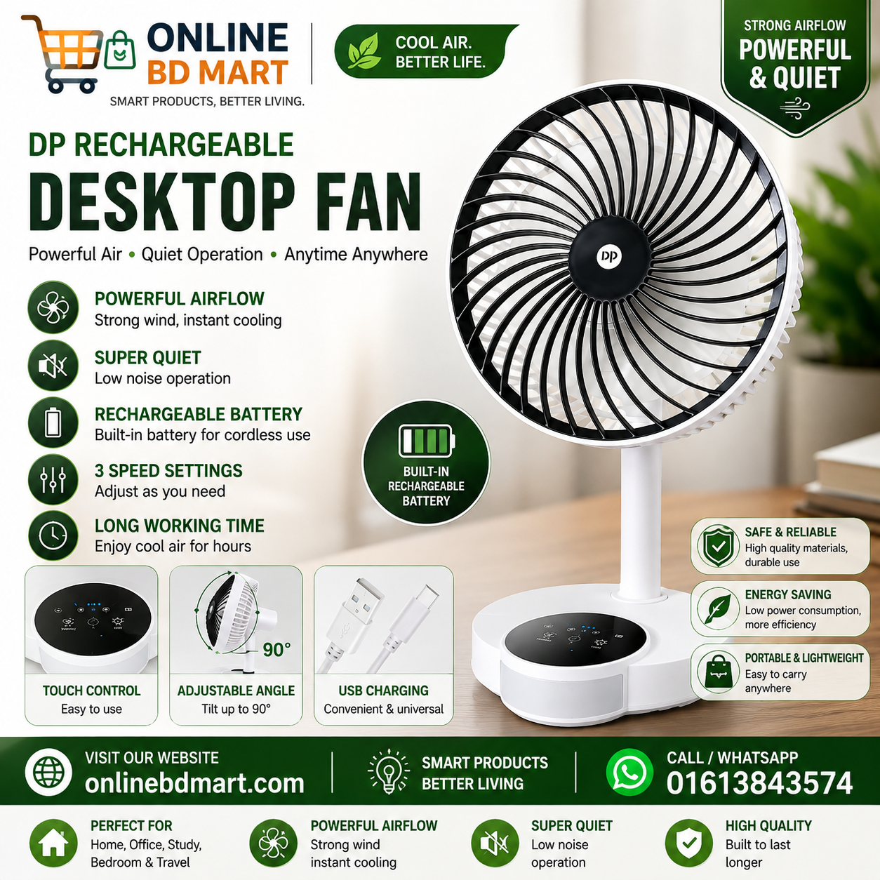 Portable Rechargeable Table Fan – Mini Desk Fan
